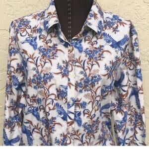 Lands End retro shirt button down blue bird floral print long sleeve women’s s…